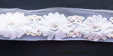 Wholesale White Flower Tissue Net Fabric Lace Trim With Sequins, Floral Trim, Wedding Supplies Trim By 9 Yards